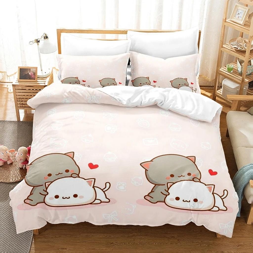 3D Printed Adorable Peach And Goma Cat Bedding Set New Sweet Couple Printed Duvet Cover Soft Bed Set For Girls Kids Room