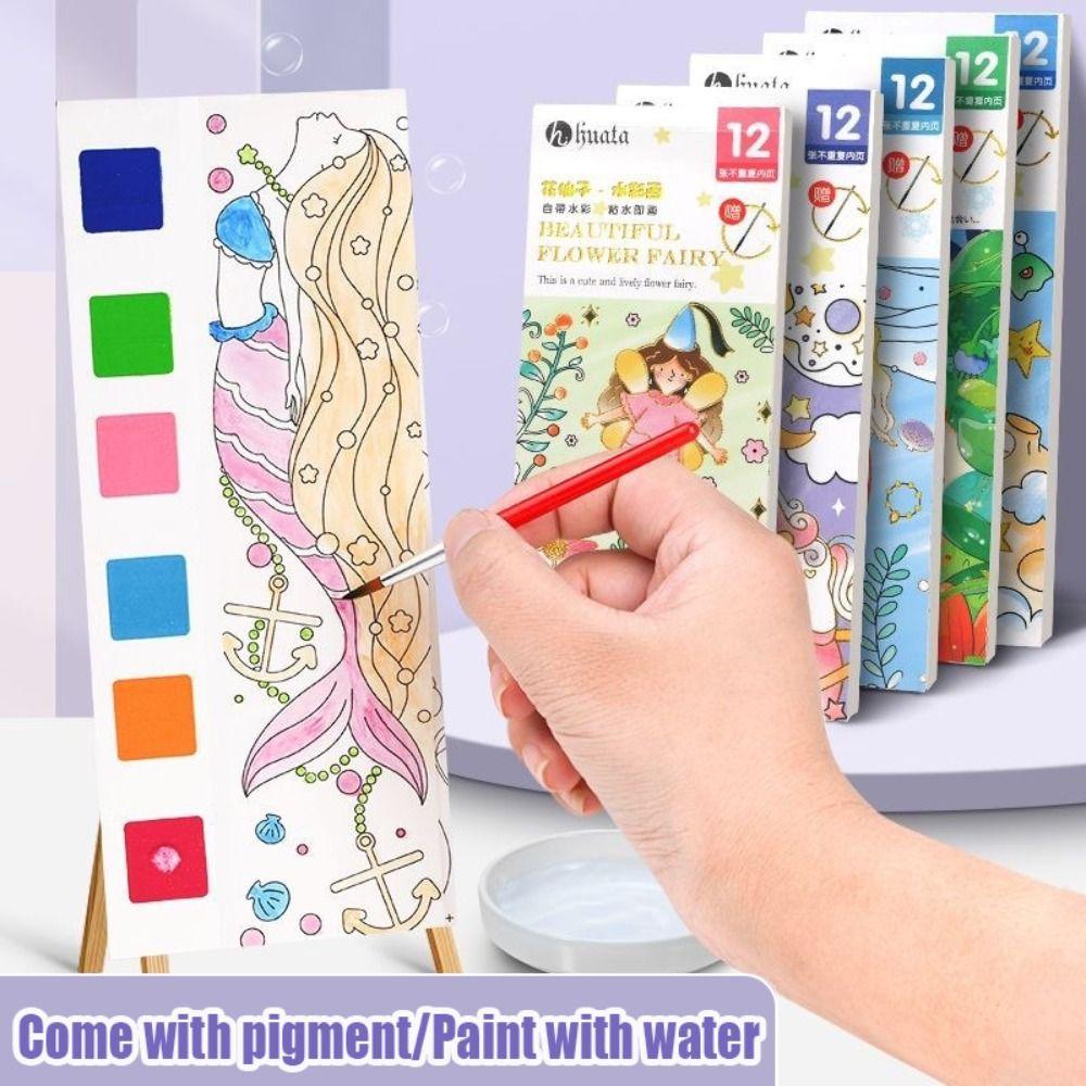 With Painting Brush Watercolor Coloring Book 12 Pages Mini Paint Pad Children