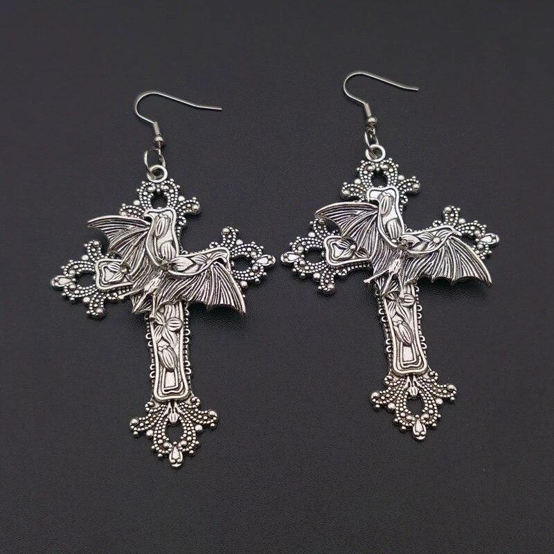 Большие серьги с крестом-мотыльком, кулон с цветочной филигранью, винтажный готический стиль в викторианском стиле, отличный подарок для ее защитного амулета