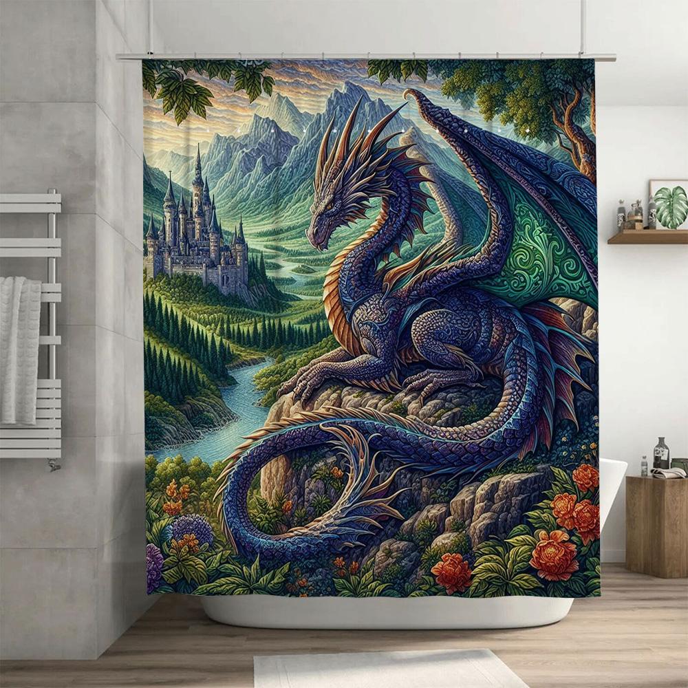 Fantasy Dragon Bath Mat Shower Curtain Set Medieval Castle Landscape with Greenery Blue Purple Red Floral Design Decor for Bathr