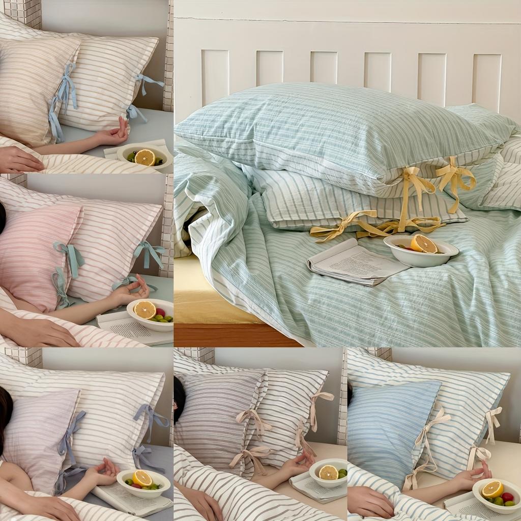 2 шт., Пара наволочек из 100% хлопка с бантом, Стандартный размер A, Светло-бежевый, Комфорт, приятный к коже, В полоску с бантом для декора, Подходит для гостиной