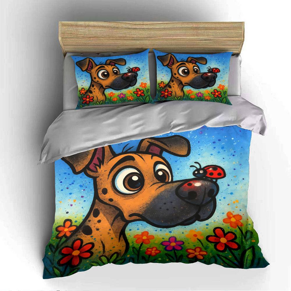 Cartoon Dog with Ladybug Pattern Bedding Duvet Cover Set Duvet Cover Pillowcases (1*Duvet Cover 2*Pillowcases, without duvet insert)