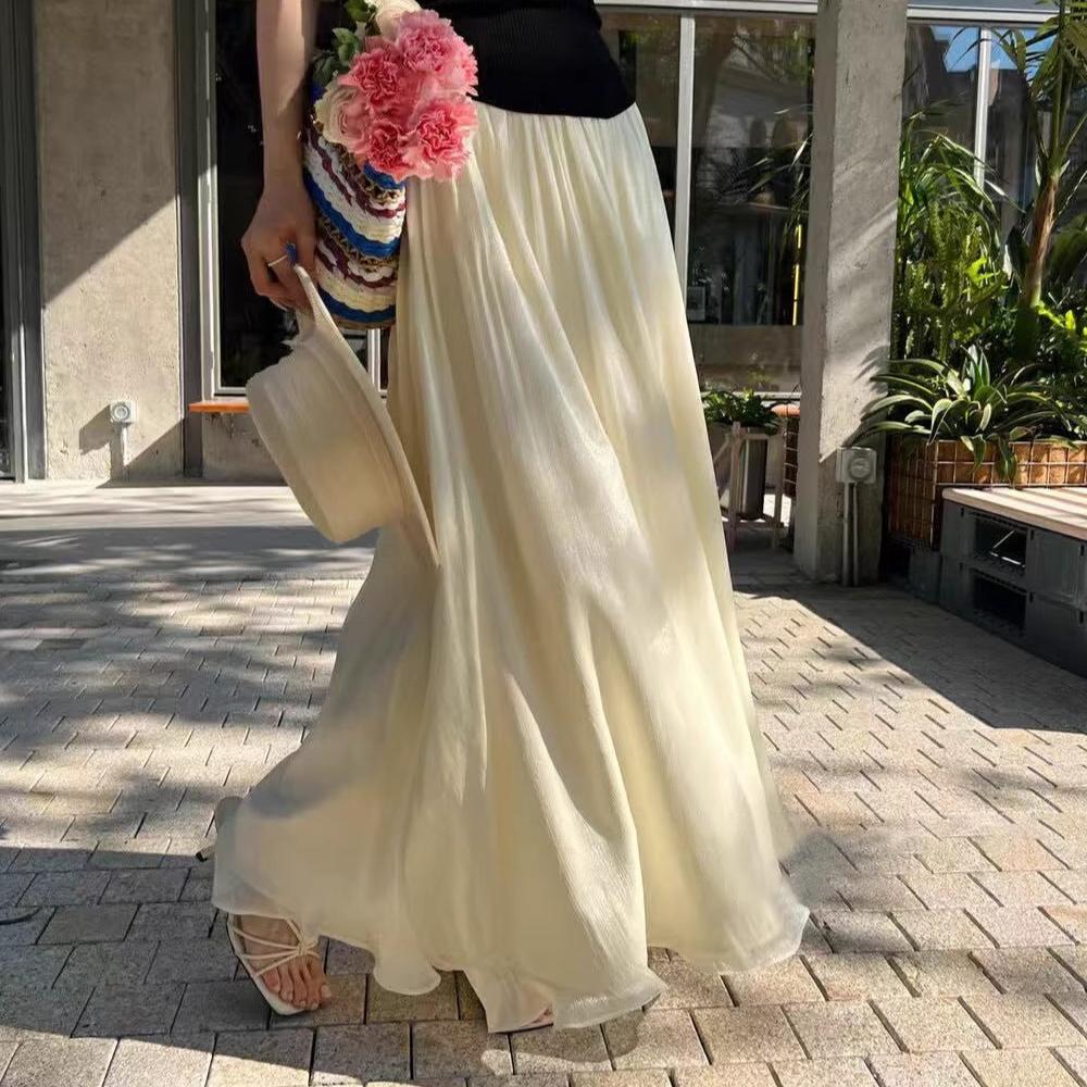 DIMANAF 2025 Лето Женские Новые Юбки Однотонные Эластичная Талия Плиссированные Сетчатые Элегантные Желтые Синие Юбки