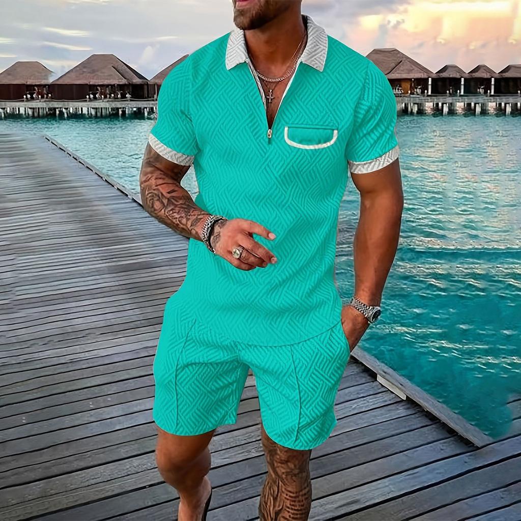 Мужской летний однотонный комплект из рубашки с коротким рукавом, карманом на молнии и лацканами, шортами