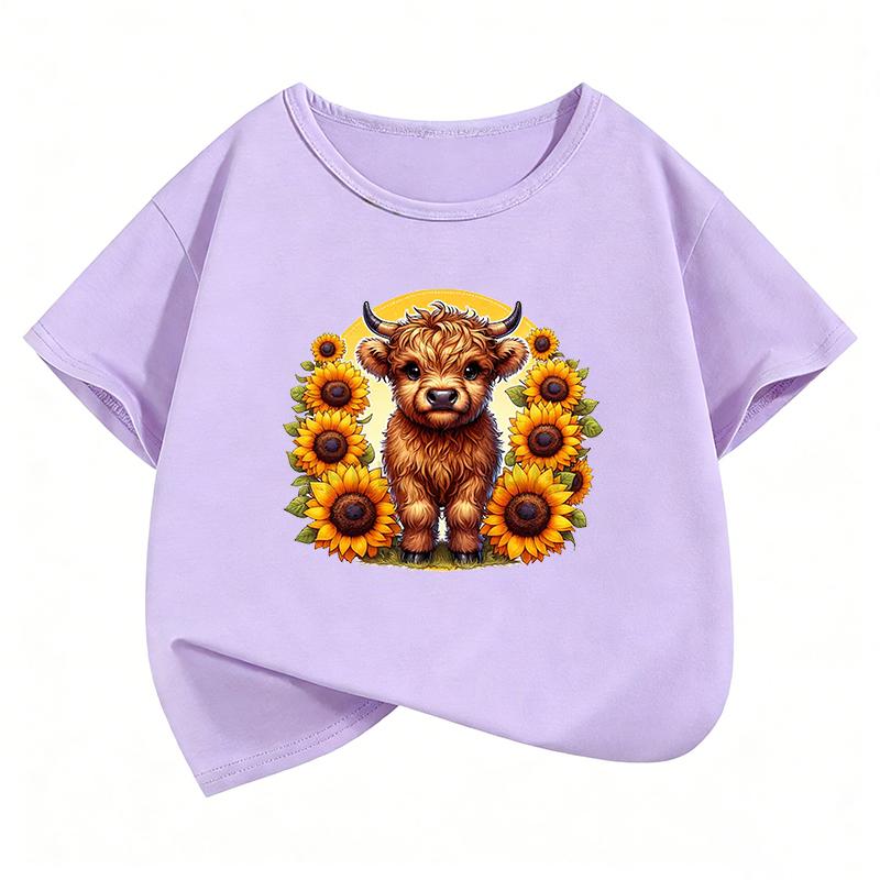 Fashion Cow with Flower Design TShirt Printed T Shirt Girls Summer Clothes Short Sleeve Tops TShirts Cute Boys Clothing