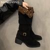 Замшевые женские высокие сапоги на толстом каблуке до колена, туфли на среднем каблуке, зимняя женская тенденция 2024 года, новые готические модные туфли-лодочки Snow Chelsea Botas Mujer