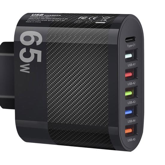 Универсальный дорожный адаптер с 6 портами, 65 Вт, 5 USB/Type-C, быстрая зарядка, интеллектуальная технология шунта, многофункциональная защита, эффективное настенное зарядное устройство с вилкой европейского стандарта