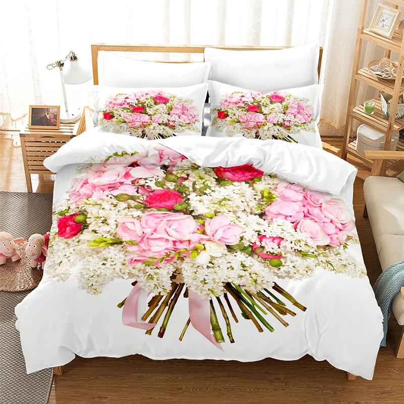 Comforter Rose Flower Bedding Set 4Pcs Pink Red 200X230 For Double Bed 3D Bedsheet 230X230 Full Size Thin Fabric