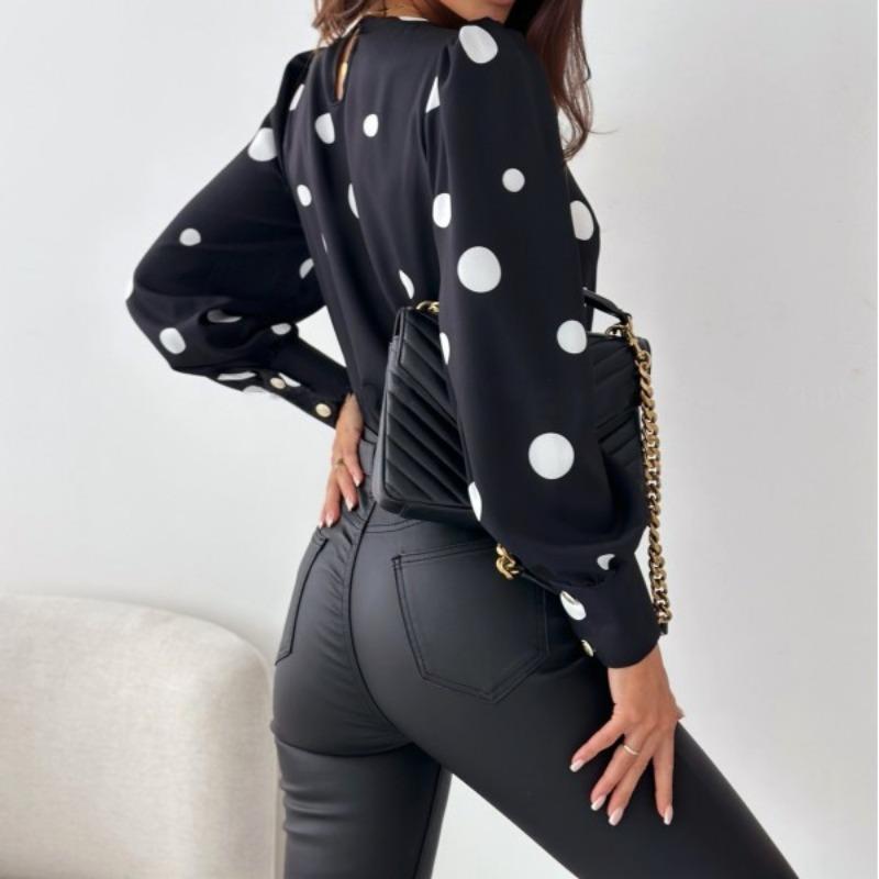 YYFS Женские модные повседневные весенне-осенние блузки и рубашки с круглым вырезом в горошек и длинными рукавами