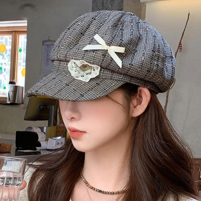 Корейская версия Осенняя Любовь Кружево Бант Клетка Берет Женский Сладкий Литературный Универсальный Высококлассный Шляпа Художника