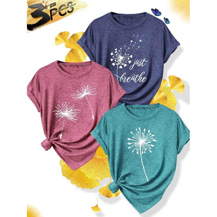 3Elegant plus-size short-sleeved outfit for sisters to attend parties T Shirt Just Breathe Dandelion print plus-size women's casual sportswear for