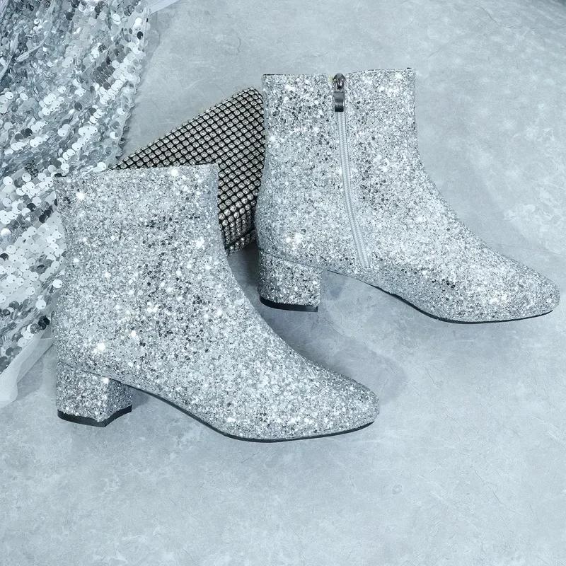 Fashion Women's Fashion Ankle Boots Christmas Glitter Side Zip Block Heel High Heels Cowboy Boots Banquet Wedding Sequins Botas Mujer