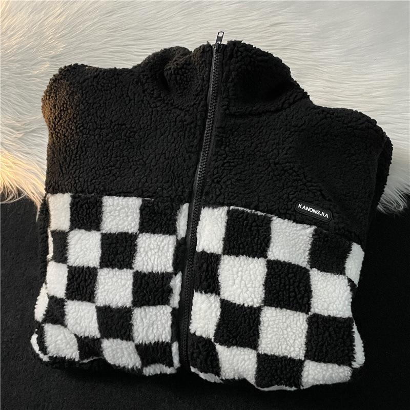 Checkerboard Cotton Jacket Male Autumn Winter Lamb Wool Cotton Jacket Couple Loose Stand Collar Cotton Jacket