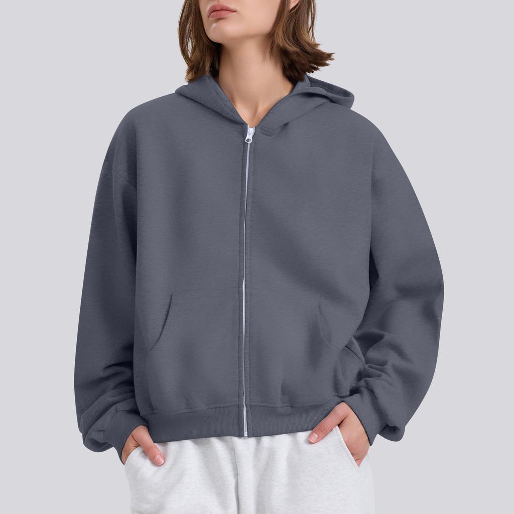 Женская однотонная свободная толстовка с капюшоном на молнии с длинным рукавом