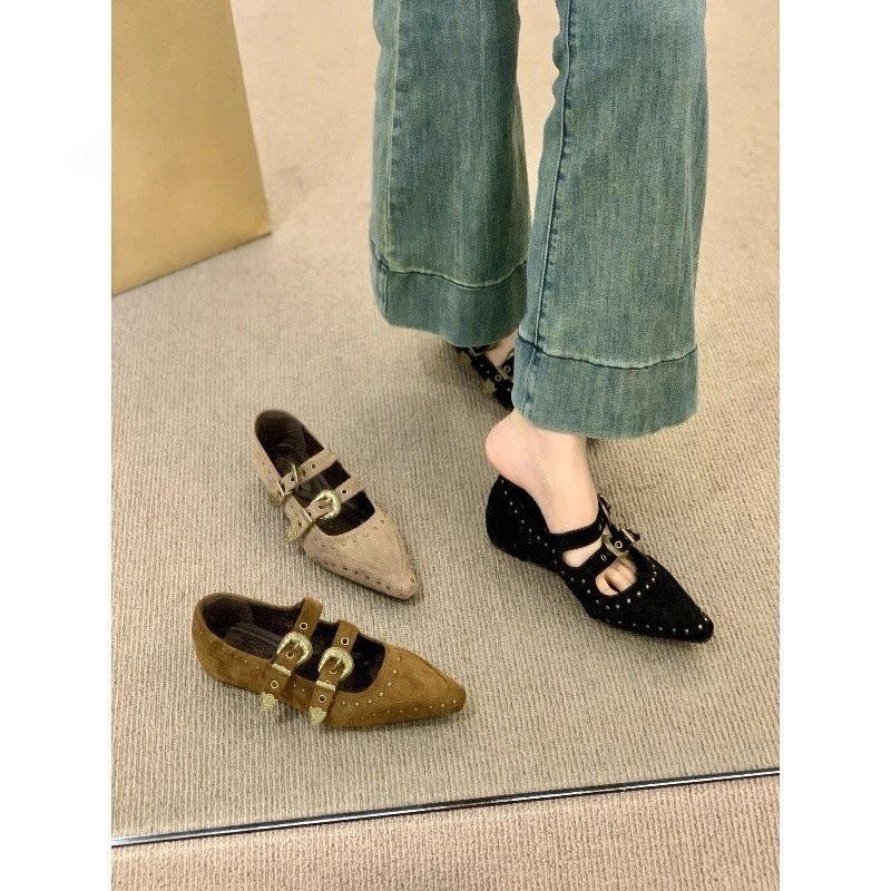 Retro Inner Height Increase Mary Jane Shoes Women's 2025 New Huge Good-looking Niche Rivet Pointed Ballet Shoes