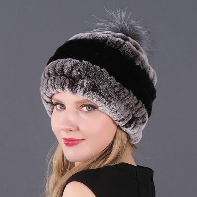 Женская меховая шапка из кролика рекс и помпоном из лисьего меха для осени и зимы