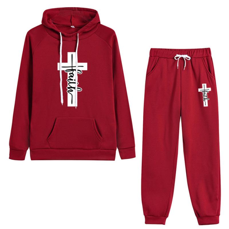 Jesus Crucifix Faith Printed Pant Sets Women Hoodie Sweatpants Solid Color Tracksuit Ladies Daily Casual Sport Jogging Suit