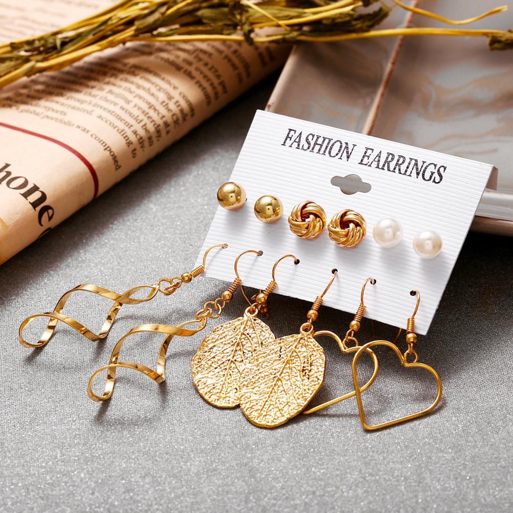 6pairs/set Women Stylish Leaf Pearl Tassel Earrings Set