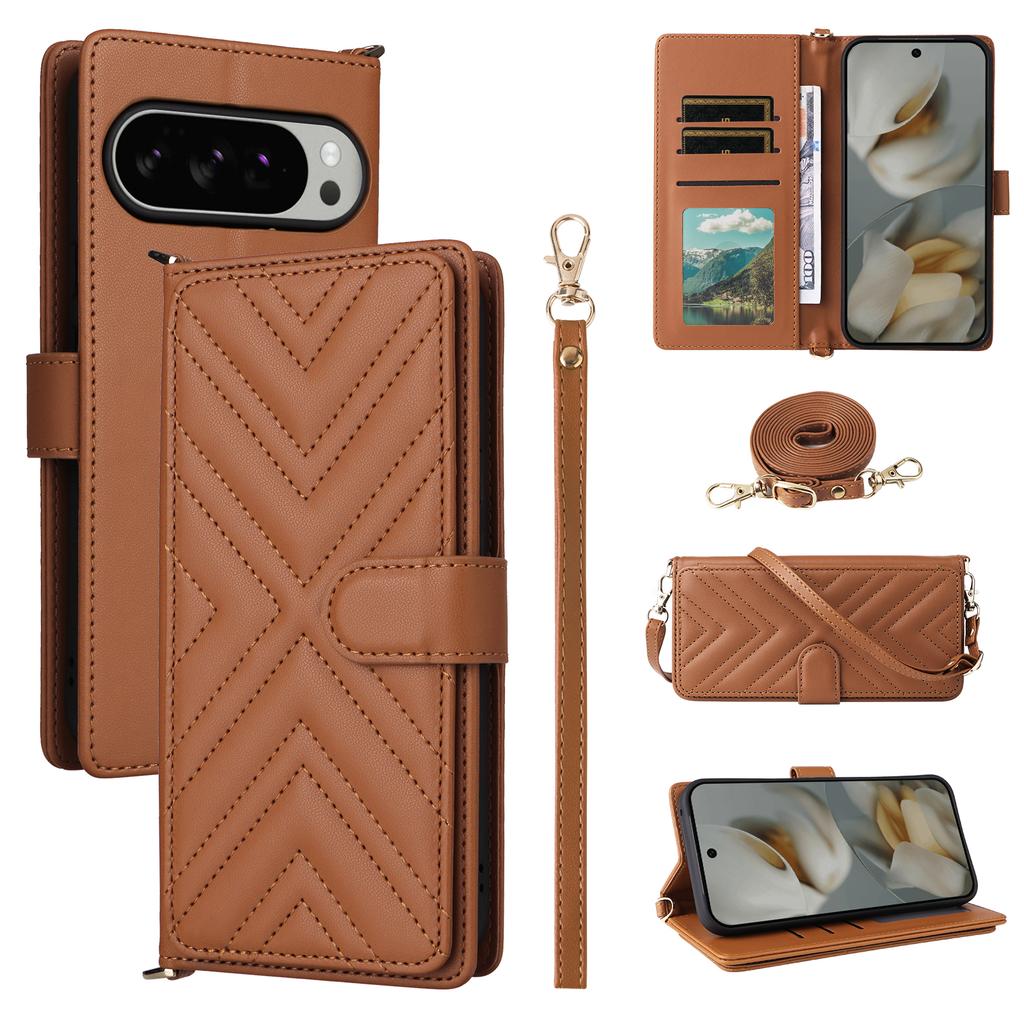 For Google Pixel 10 Pro XL Case with Shoulder/Wrist Strap Leather Phone Cover Stand Wallet