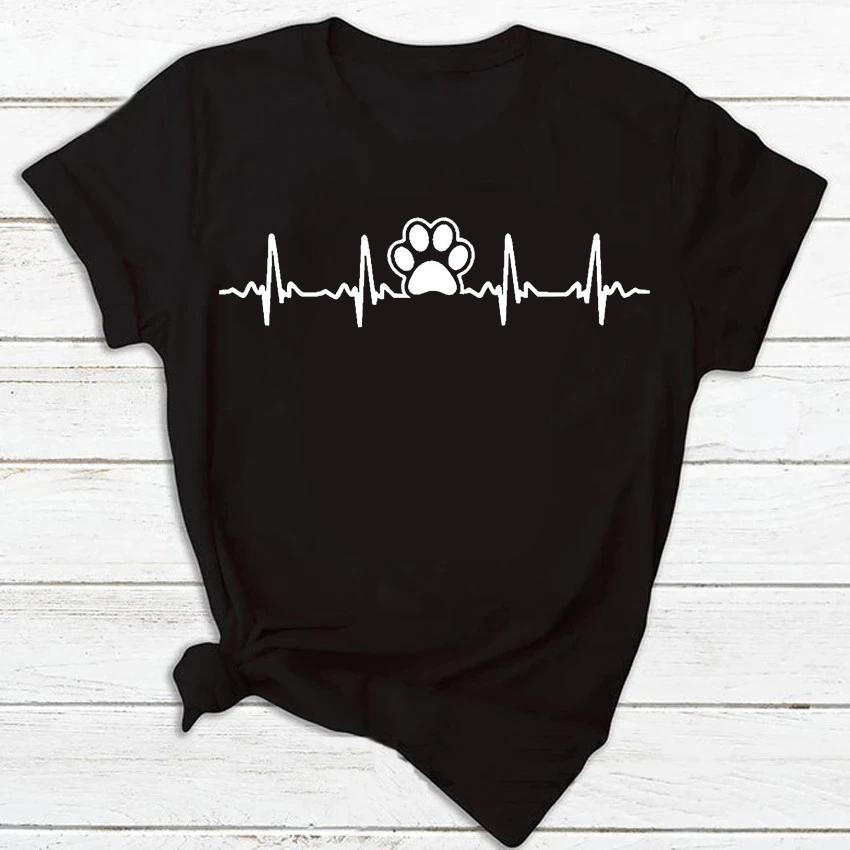 Maycaur Women T Shirt Fashion Dog Heartbeat Print T-shirt Funny 90s Print T Tee Womens Tshirt for Female Red Shirt Clothes Tops