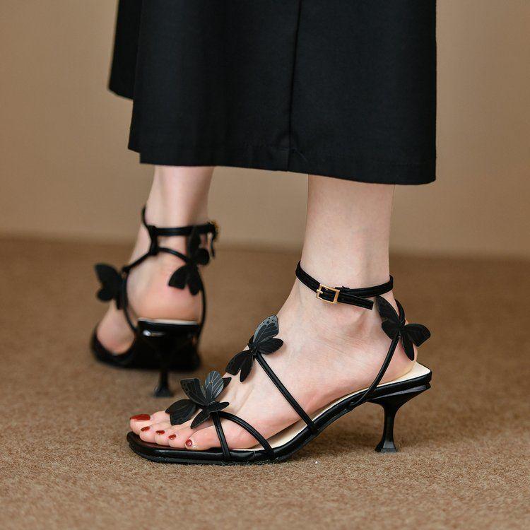 Сексуальные туфли на высоком каблуке Butterfly, летние модные универсальные босоножки Fairy с открытым носком и тонким каблуком, застегивающиеся на одну пуговицу