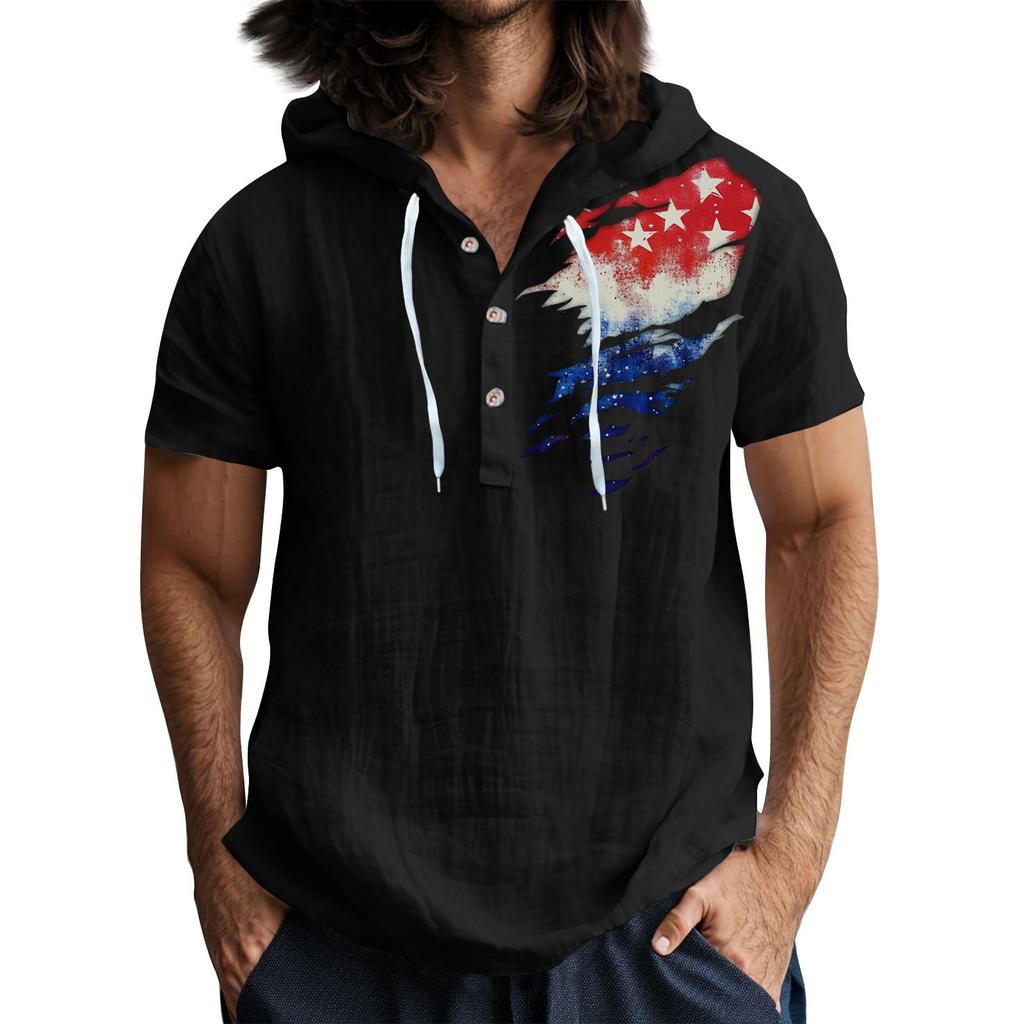 Мужская повседневная футболка с короткими рукавами, капюшоном и открытым воротом на пуговицах