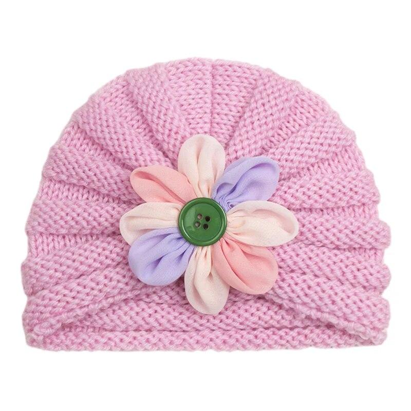 Вязаная детская шапка с пуговицами и цветком для мальчиков и девочек, осенне-зимняя теплая толстая мягкая шапочка, милая шерстяная шапочка для новорожденных малышей
