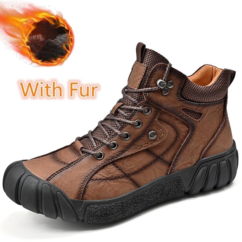 Hot Sale Men's Ankle Boots Genuine Leather Male Basic Boots Versatile Leisure Walk Outdoor Shoes High Top Warm Plush Fur Winter