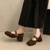 French Retro Leopard Print Thick Heel Single Shoes Women's 2025 Autumn New One-word Buckle Mary Jane Doudou Shoes with Skirt Batch