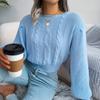 Women's Fashion Casual Knitted Sweater Top With Twisted Cable Pattern, Lanterned Sleeves, And Waist-Cinching Design For Fall And Winter