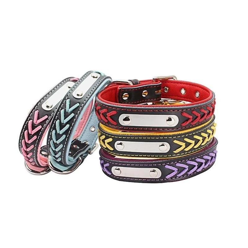 Personalized Engraved Puppy Pet Cat Puppy Braided Dog Collar Personalized Leather Collars With Namep