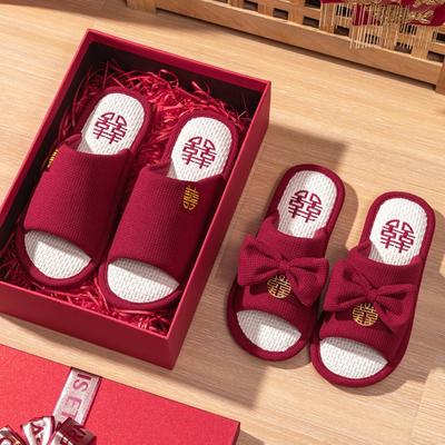 Красные тапочки свадебные пара праздничные свадебные приданое парный стиль домашние комнатные льняные тапочки