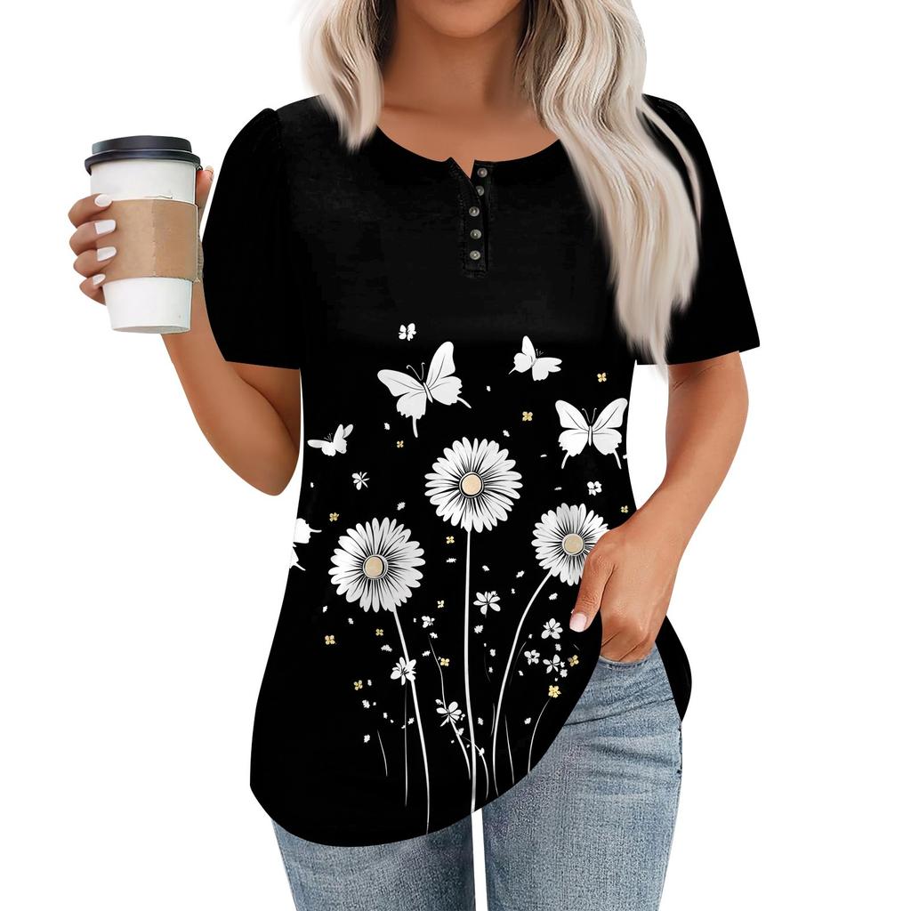 Женский модный повседневный короткий рукав пуловер с принтом на пуговицах и круглым вырезом