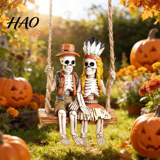Day of The Dead Decor Swing Couple Skeleton Statue, Man Indian Woman Resin Novelty Branch Statue Figurine, Halloween Hanging Ornament for Indoor