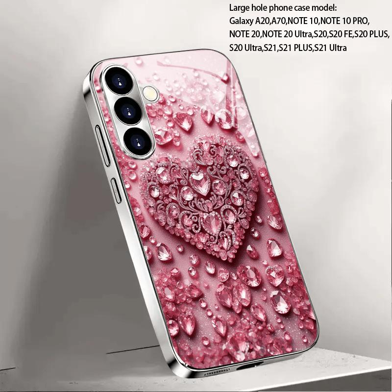 Позолоченный чехол для телефона из закаленного стекла, совместимый с Galaxy S26 S25 S24 S23 S22 Ultra Plus. Имеет дизайн в виде розового сердца с драгоценным камнем.