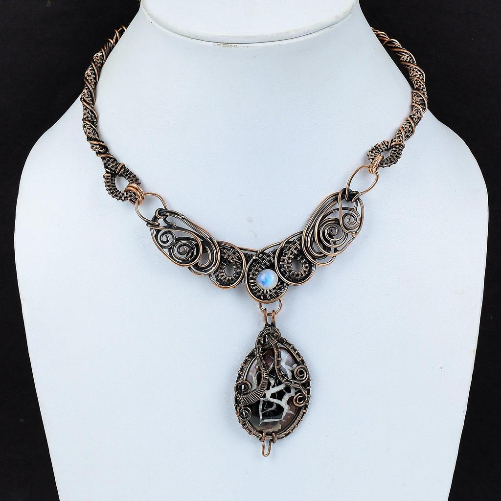 Марокканское ожерелье из ископаемого грязи, трещин, медной проволоки, ожерелье, ювелирные изделия ручной работы, ожерелье из лунного камня, подарок на годовщину, медные украшения