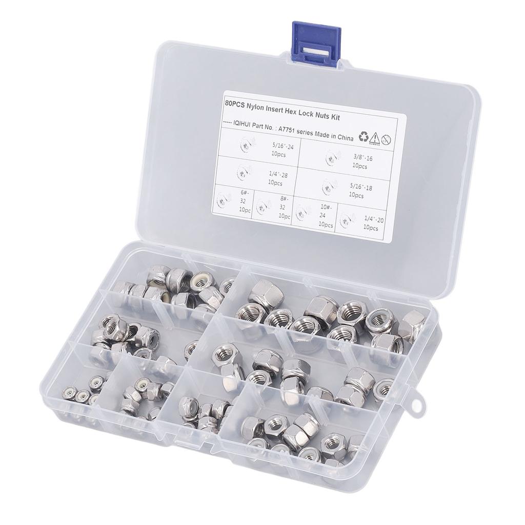 80PCS Hex Nuts Assortment Kit 304 Stainless Steel Lock Nuts with Nylon Insert 8 Specifications