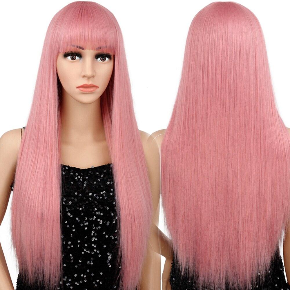 MERISIHAIR Long Straight Pink Wig with Bangs Synthetic Wigs for Women Black Blue Cosplay Wigs Heat Resistant Wig