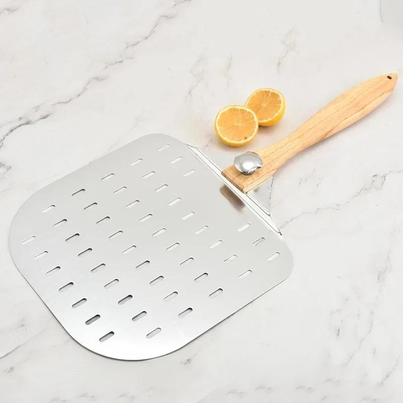 Перфорированная алюминиевая лопатка для пиццы со съемной резиновой деревянной ручкой – легкая лопатка для пиццы для удобного перемещения