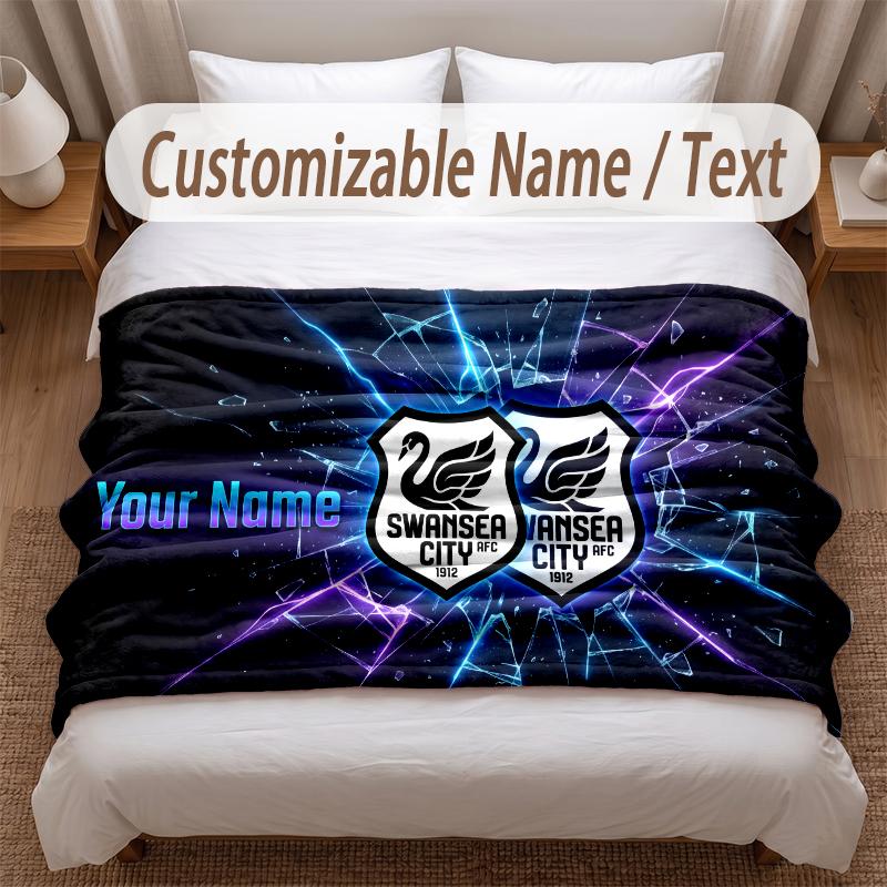 Swansea City FC Printed Flannel Blanket Custom Name Text Soft Warm Throw For Bedroom Holiday Gift