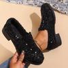 Women's Sequin Loafers - Black Glitter Slip-On Shoes with Chunky Heel, Breathable Fabric Upper & PU Sole, Comfortable Casual Nurse Shoes