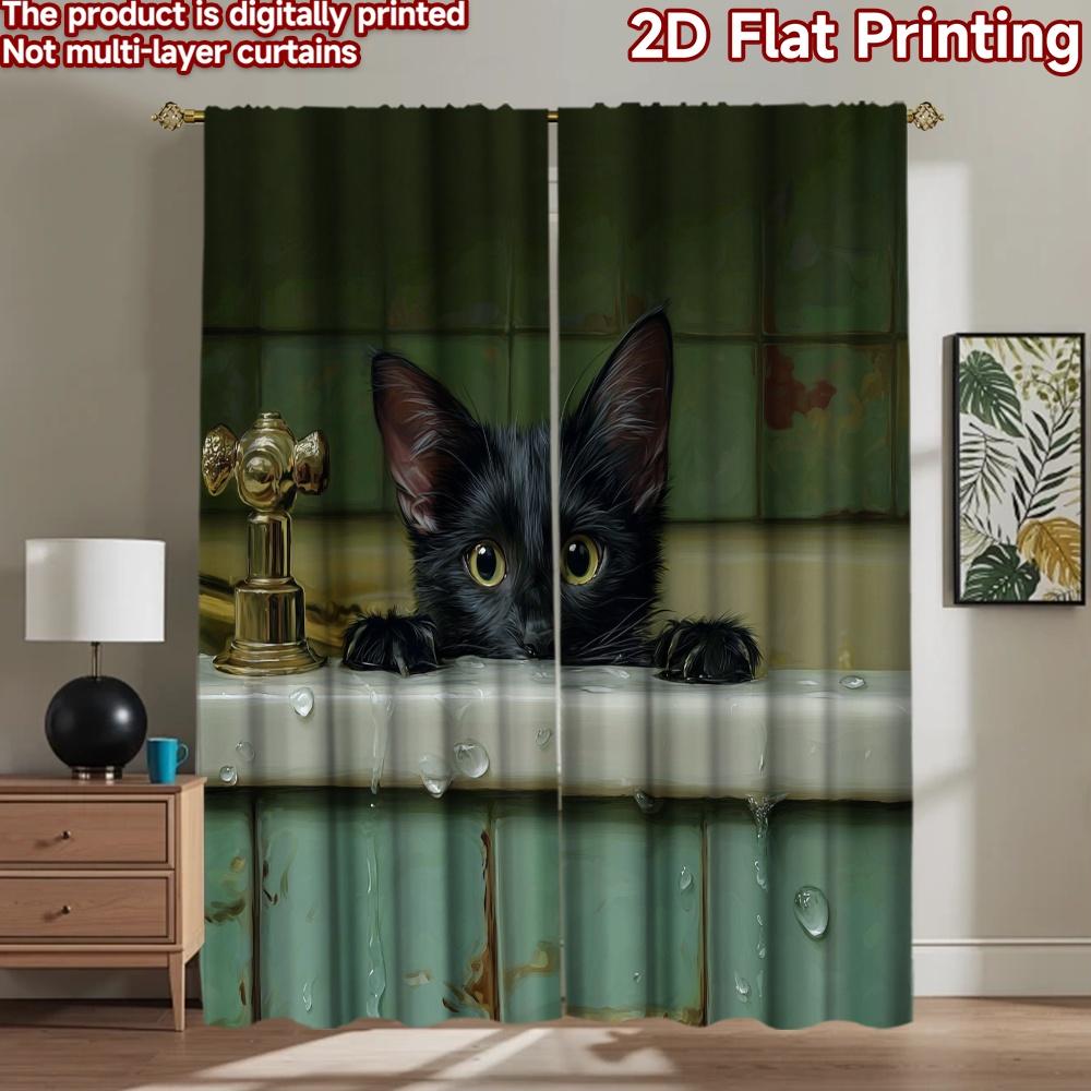 2D плоская печать 2 шт. Занавески Черный Кот Купается Цифровая Печать Полиэстер Шторы Декорации для Вечеринок и Повседневного использования