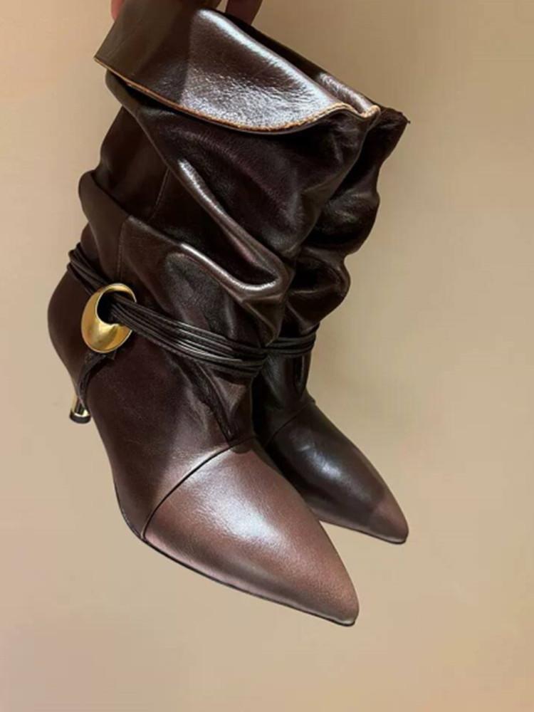 Новые женские европейские и американские остроносые плиссированные ботильоны до икры с бахромой на тонком каблуке 5 см, рыцарские сапоги, ботинки средней длины больших размеров