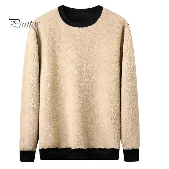 Winter Men Sweatshirt Thickened Plush Keep Warm O Neck Long Sleeves Elastic Cuff Plus Size Solid Color Bottoming Top Daily Wear Clothes