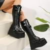 Women's Cool Retro Punk Boots Chunky Wedges Metal Design Lace Up PU Leather High Quality Outdoor Shoes 35-43