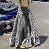 Women Zip-up High Waist Plaid Print Casual Long Swing Ruffled Skirts