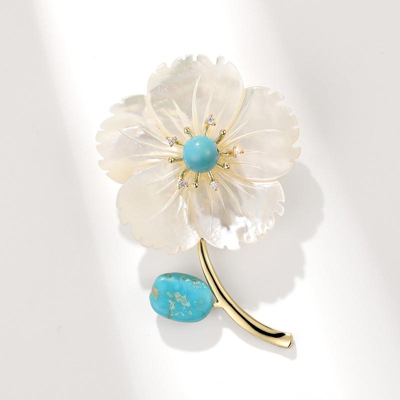 Xiliang Concubine Mother-of-Pearl & Blue Turquoise Peach Blossom Brooch – Elegant Coat Accessory Pin