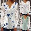 New Spring Women's Elegant Lace Long Sleeve Floral Printed T-shirt Summer Slim V Neck Button Shirts Fashion Casual Plus Size Top S-5XL