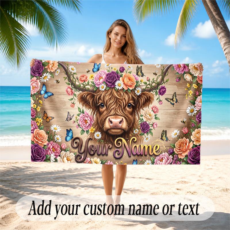 Highland Cow Theme Quick Dry Beach Towel Custom Name Text Print Large Sand Resistant Towel Beach Vacation