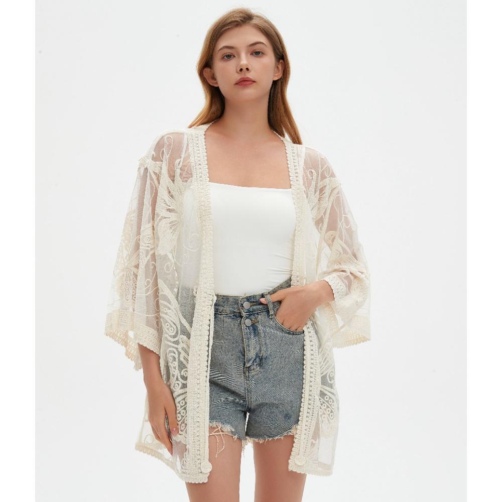 DIMANAF 2025 Лето Женщины Летучая мышь Пляжный кардиган V-образный вырез Футболка Базовый кружевной Новые модные топы кружевные футболки Повседневные свободные футболки